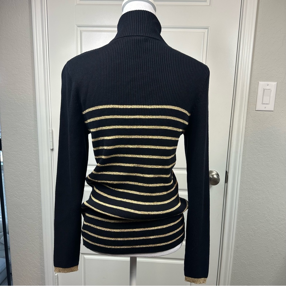 Lauren Ralph Lauren Y2K Gold Metallic Striped Classic Long Sleeve Sweater Large - Picture 5 of 9